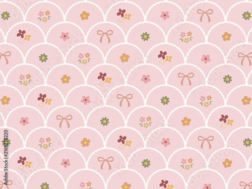 Cute pink fish scale scallop pattern with retro small flowers and ribbons, coquette aesthetic seamless background