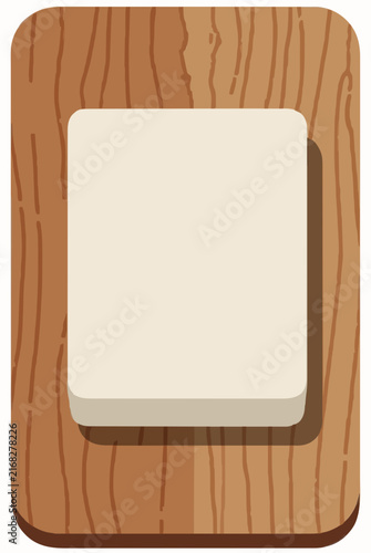 Hand-traced vector illustration of a fresh tofu block resting on a textured wooden cutting board, showcasing minimalist kitchen and food design with clean flat colors and organic wood grain details