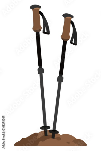 Hand-traced vector illustration of two brown trekking poles with cork grips planted upright into a mound of dirt, perfect outdoor hiking gear icon, clean isolated graphic