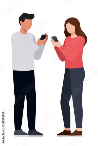 Hand-traced vector illustration of two friends texting each other with smartphones, standing face-to-face in casual modern attire, sharing a friendly digital conversation