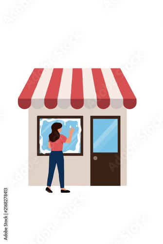 Hand-traced vector illustration of a woman cleaning a small shop window beneath a red-and-white striped awning, with a door beside her on a clean background