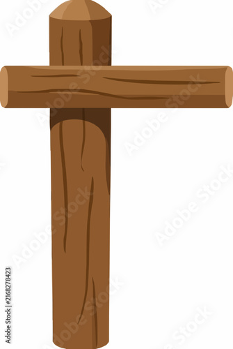 Hand-drawn wooden fence post with horizontal rail vector illustration, rustic brown timber cross structure with detailed wood grain texture for farm, garden, and countryside design projects