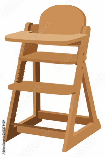 Hand-drawn wooden high chair vector illustration for babies and toddlers, detailed flat color design showing classic nursery furniture with tray and footrest, perfect for parenting and childcare