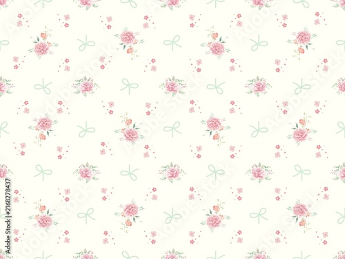 Watercolor floral seamless pattern with pink peony bouquets and mint green bows on cream background
