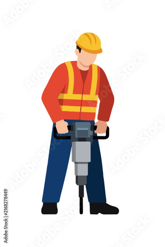 Hand-drawn vector illustration of a construction worker in a yellow hard hat and orange safety vest operating a heavy-duty jackhammer on pavement, isolated flat cartoon icon design