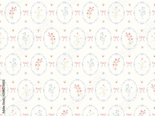 Watercolor floral seamless pattern with pastel blue vintage frames and pink bows, cute coquette aesthetic background