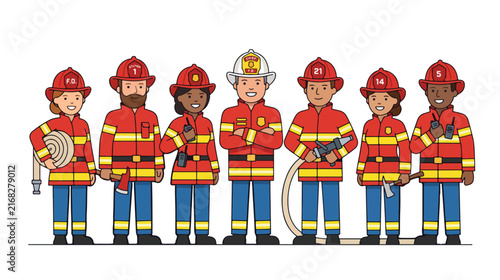 Fire Department Team Standing Together Flat Cartoon Vector