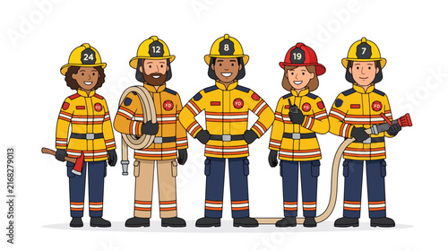 Firefighter Team Posing for a Group Photo Flat Cartoon Vector Illustration