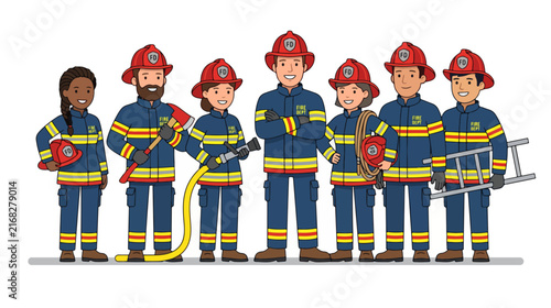 Cartoon Firefighters Group Portrait Flat Vector Design