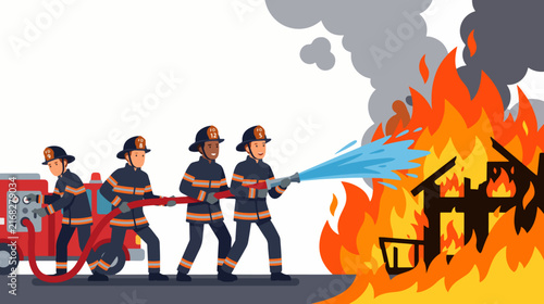 Cartoon Firefighters Putting Out a Fire Flat Vector