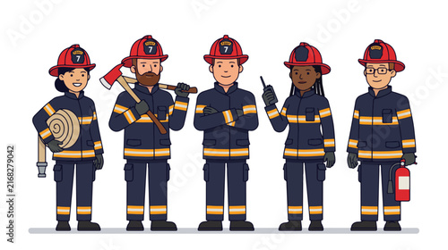 Firefighter Crew Group Photo Flat Vector Illustration