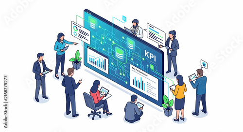 Isometric illustration of a business team analyzing KPI dashboard metrics and data charts for business success