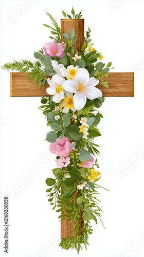 Wooden cross decorated with white and pink flowers on white background