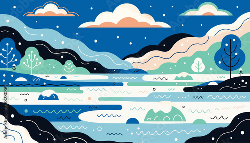 Abstract Winter Landscape Flat Design | Snowy Hills, Wavy River, Falling Snow & Clouds