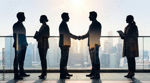 Business professionals in silhouette shaking hands in front of modern city skyline