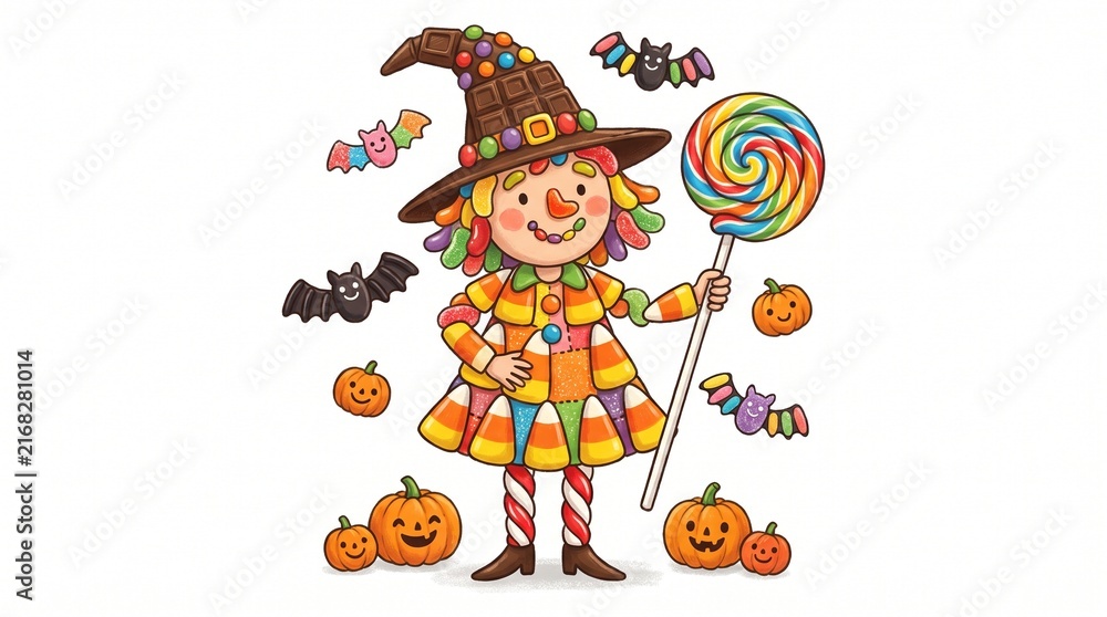 Naklejka premium Candy corn witch character illustration, cute Halloween girl with giant lollipop. Whimsical autumn scarecrow mascot with pumpkins and bats, festive seasonal art.