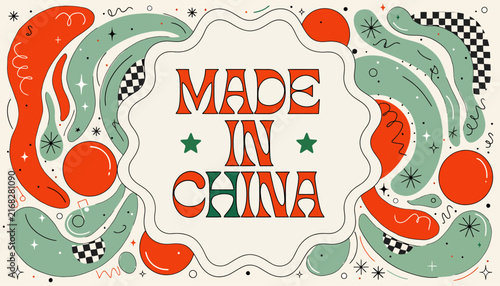 Made In China Text With Festive Abstract Shapes, Stars, And Checkered Patterns - Graphic Design