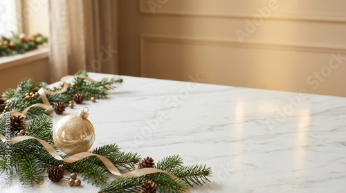 Christmas table decoration with pine branches and ornaments