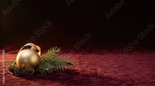 Golden christmas ornament on red velvet with pine branches
