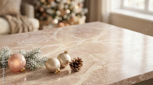 Christmas decorations on a wooden table in a cozy home