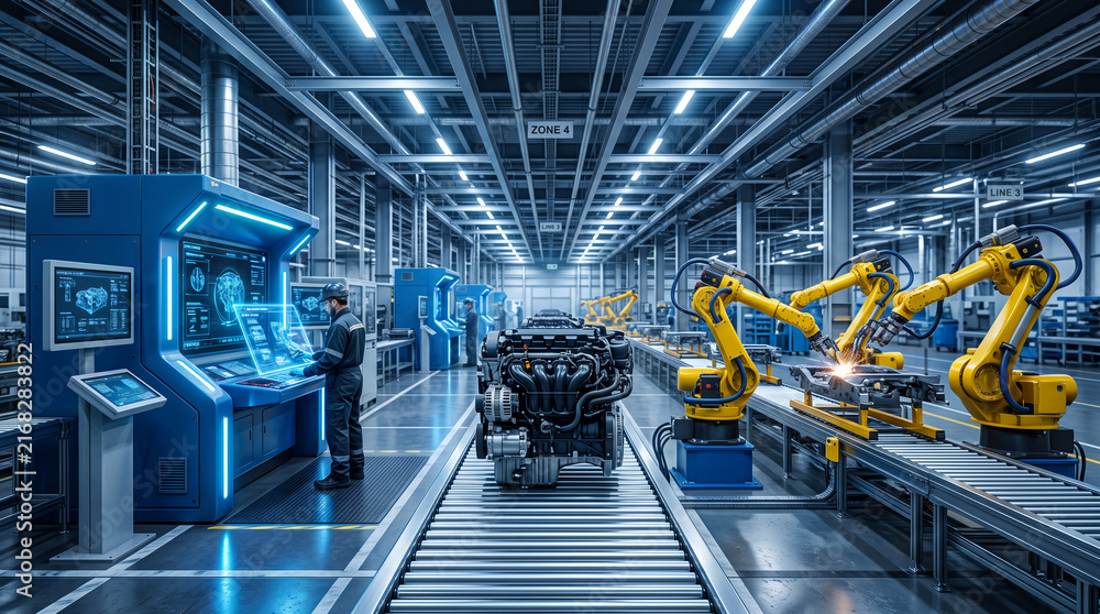 Fototapeta premium Futuristic factory with robotic arms, automated assembly line, and control station, symbolizing advanced manufacturing and technological progress.