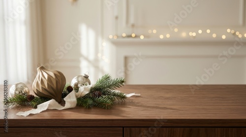 Christmas ornaments on a wooden table with festive lights