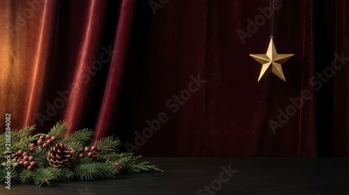Christmas gold star decoration with pine branches and curtain