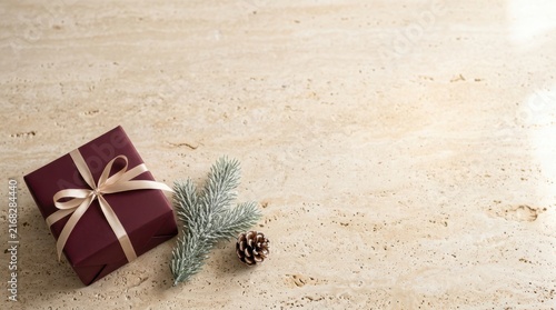 Burgundy gift box with ribbon and pine cone for christmas