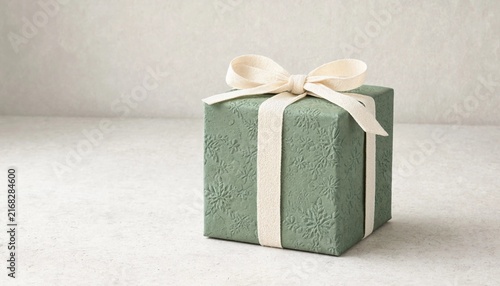 Sage green gift box with cream ribbon bow minimalist Christmas present