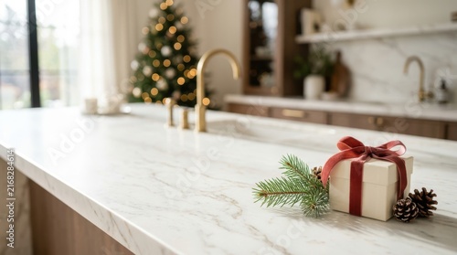 Christmas gift and tree in a modern kitchen