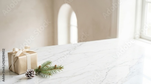Small gold gift box with pine branch on marble table
