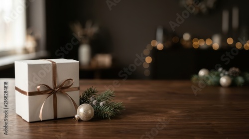 Christmas gift box with ribbon on a wooden table
