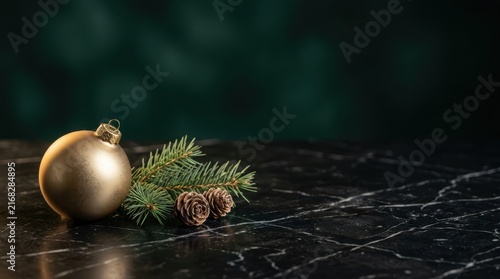 Gold christmas ornament with pine branch on dark surface