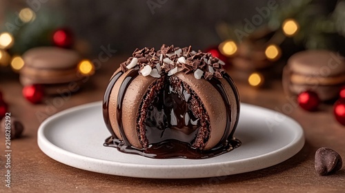 A close-up shot of a halved chocolate dessert with liquid chocolate inside, garnished with chocolate shavings, on a white plate