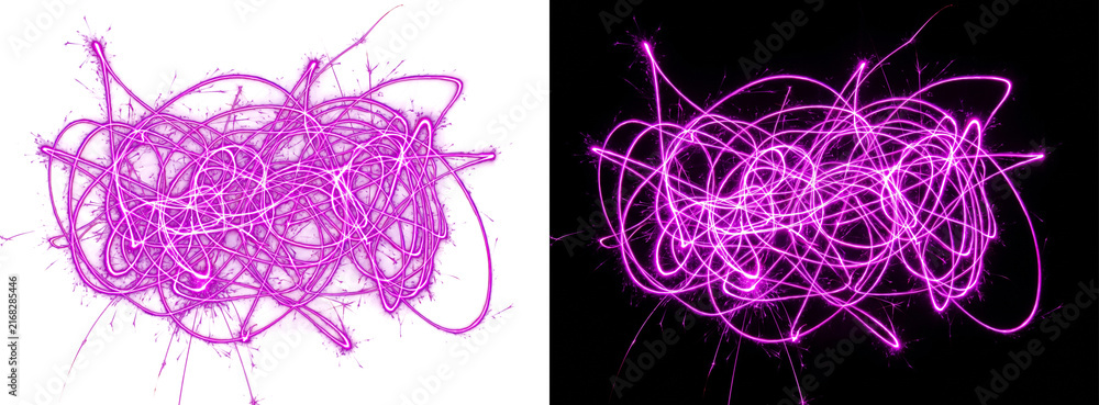 Naklejka premium Vibrant Pink Neon Light Trails Scribbled In Abstract Motion Patterns On Dual Contrast Backgrounds