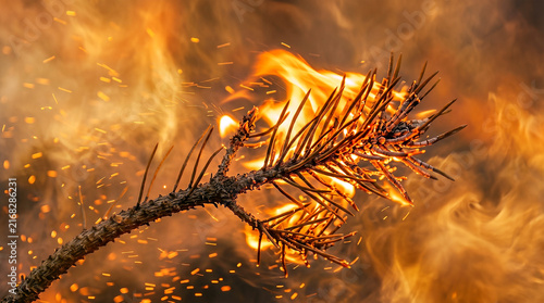Intense wildfire consuming a dry pine branch with blazing orange flames and sparks in a forest landscape during a severe natural disaster