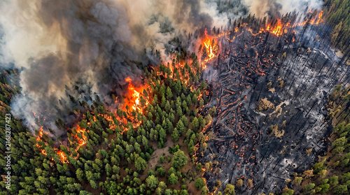 Aerial view of a large wildfire engulfing a pine forest with heavy smoke and scorched terrain representing environmental crisis and habitat destruction
