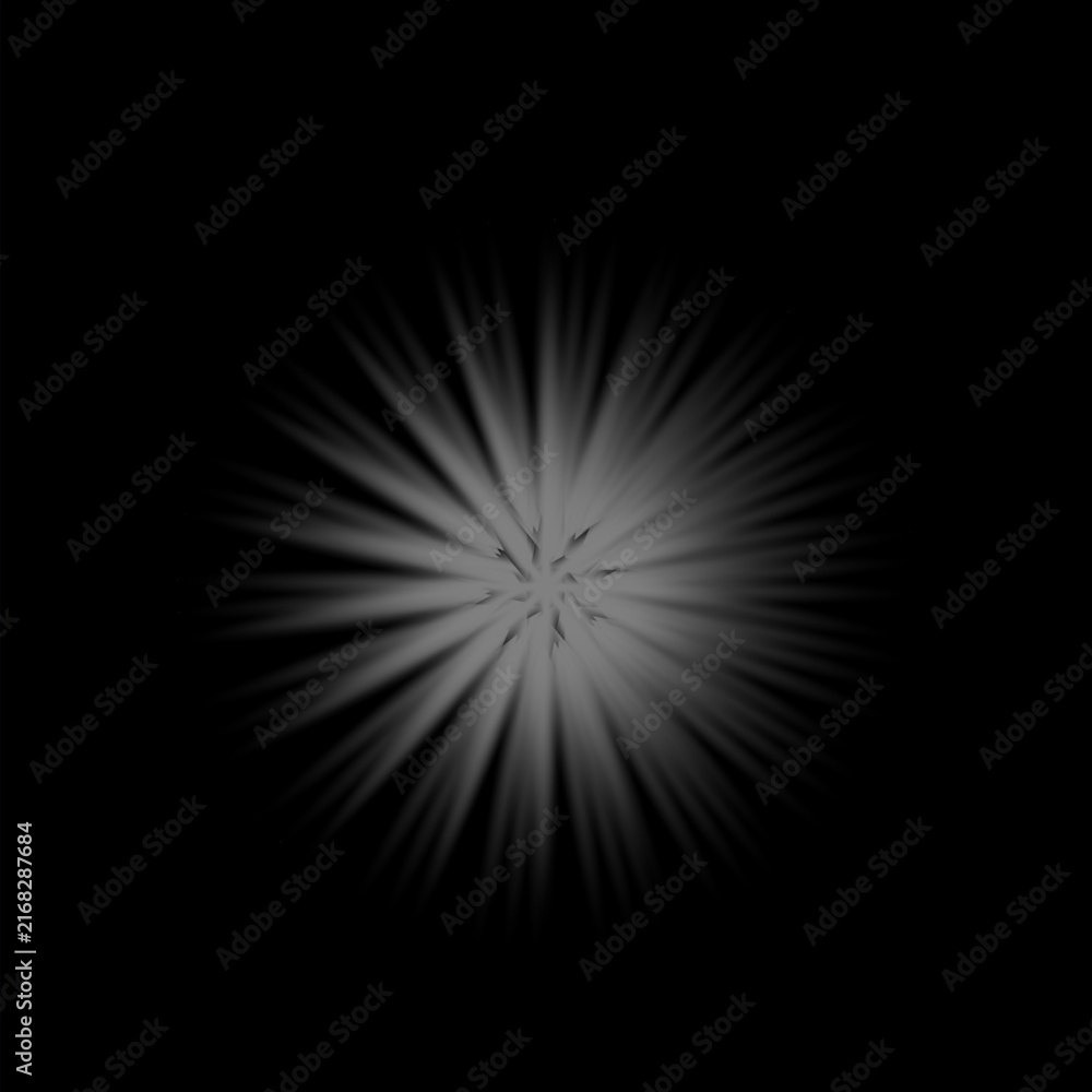 Fototapeta premium Luminous white starburst on black background, glowing radial light rays, abstract sunburst effect for cinematic overlays