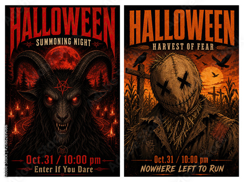 Halloween Party Poster Set. Halloween event posters featuring a demonic goat and a spooky scarecrow in a cornfield, designed for holiday invitations, flyer templates, and night events.