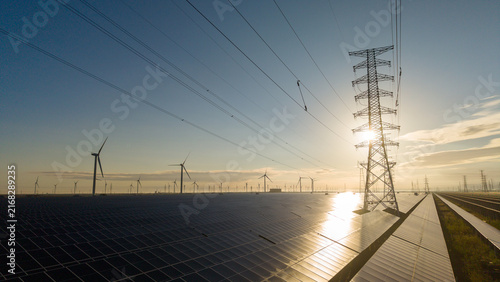 Renewable Energy Farm With Wind Turbines And Solar Panels