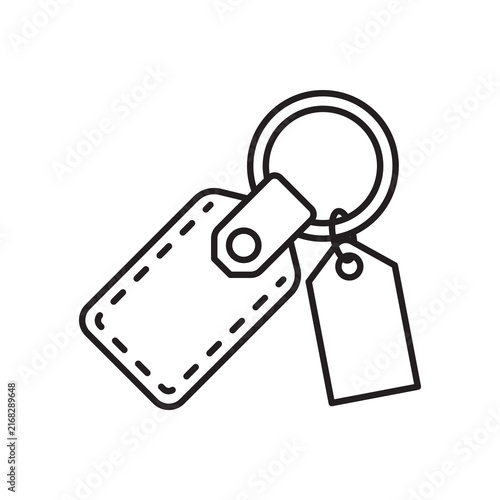 Minimalist line art icon of a finished leather key fob with keyrings and tag.