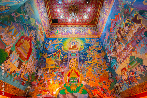 Exquisite wall mural painting inside Wat Sri Uthumphon in Mueang Nakhon Sawan District, Nakhon Sawan, Thailand, depicting vibrant Buddhist legends, deities, and detailed traditional Thai artwork.