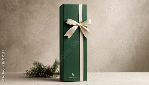 Tall dark green gift box with cream ribbon bow standing upright