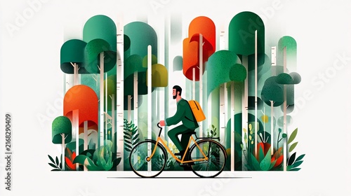 An illustration features a person cycling through a stylized forest with varying tree colors and abstract forms, all against a bright white backdrop