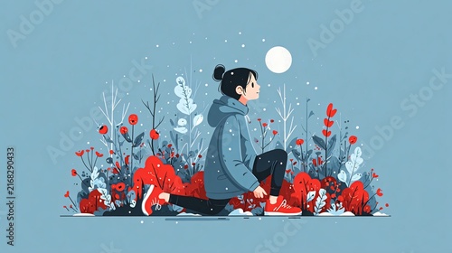 An illustration features a person tying a shoelace in a snowy garden. A full moon is visible, and winter foliage surrounds the figure