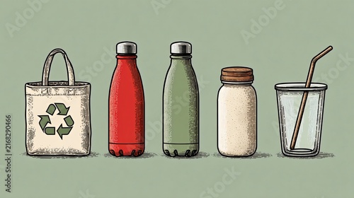 An illustration showcases an eco-friendly arrangement featuring a reusable tote bag, insulated bottles, a jar, and a glass with a straw, all set against a neutral backdrop
