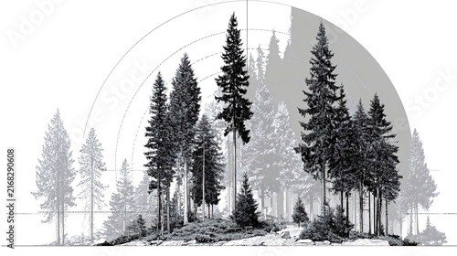 Black and white illustration of evergreen trees in a forest. Some trees are in the background. Arcs add dimension to composition