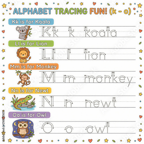 Fotografía A tracing alphabet worksheet (k,l,m,n,o) for children with animal theme