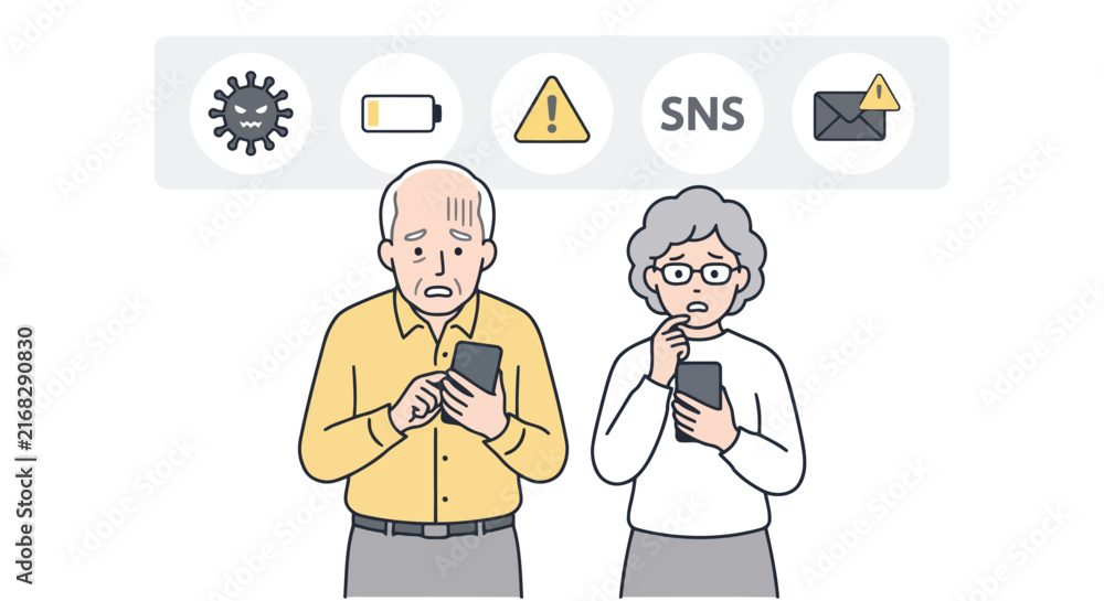 Fototapeta premium Elderly Couple Feeling Confused and Overwhelmed While Using Mobile Devices Illustrating Digital Literacy Challenges and Modern Technology Security