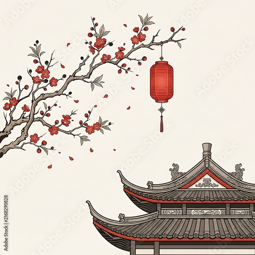 Traditional chinese temple with red hanging lantern and cherry blossoms